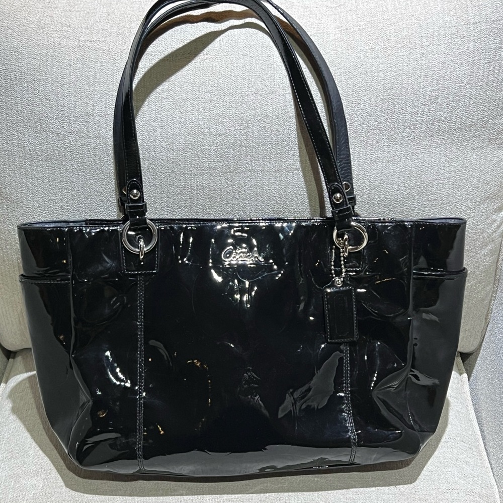 Coach Black Signature Patent Leather Embossed Tote Bag